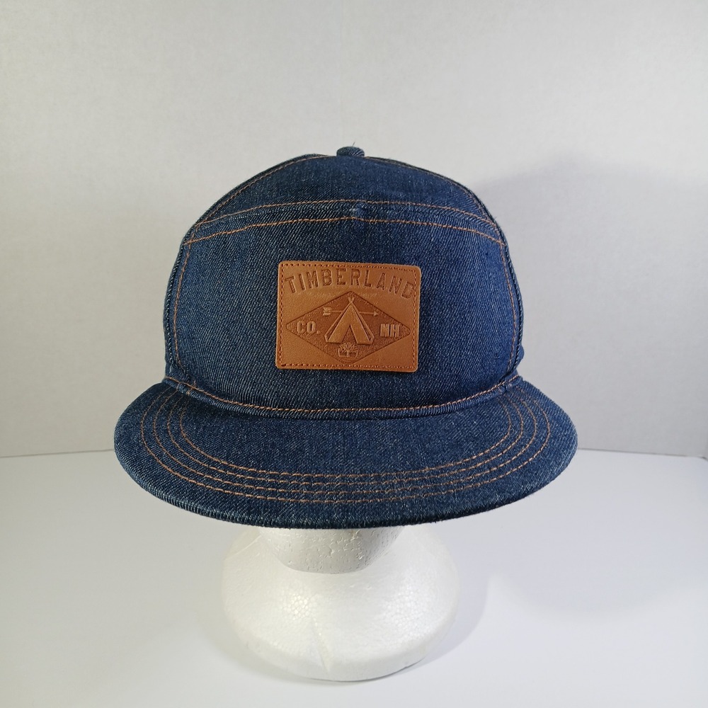 Timberland Denim Baseball Cap Brown‎ Leather Patch Logo Adjustable Strap NH